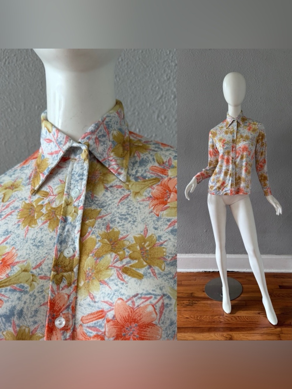 Vintage 70s Floral Button Dagger Collar Hippie Top Blouse S/M